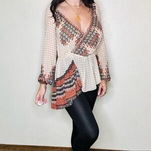 Free People flowy bohemian ruffle tunic sheer blouse XS